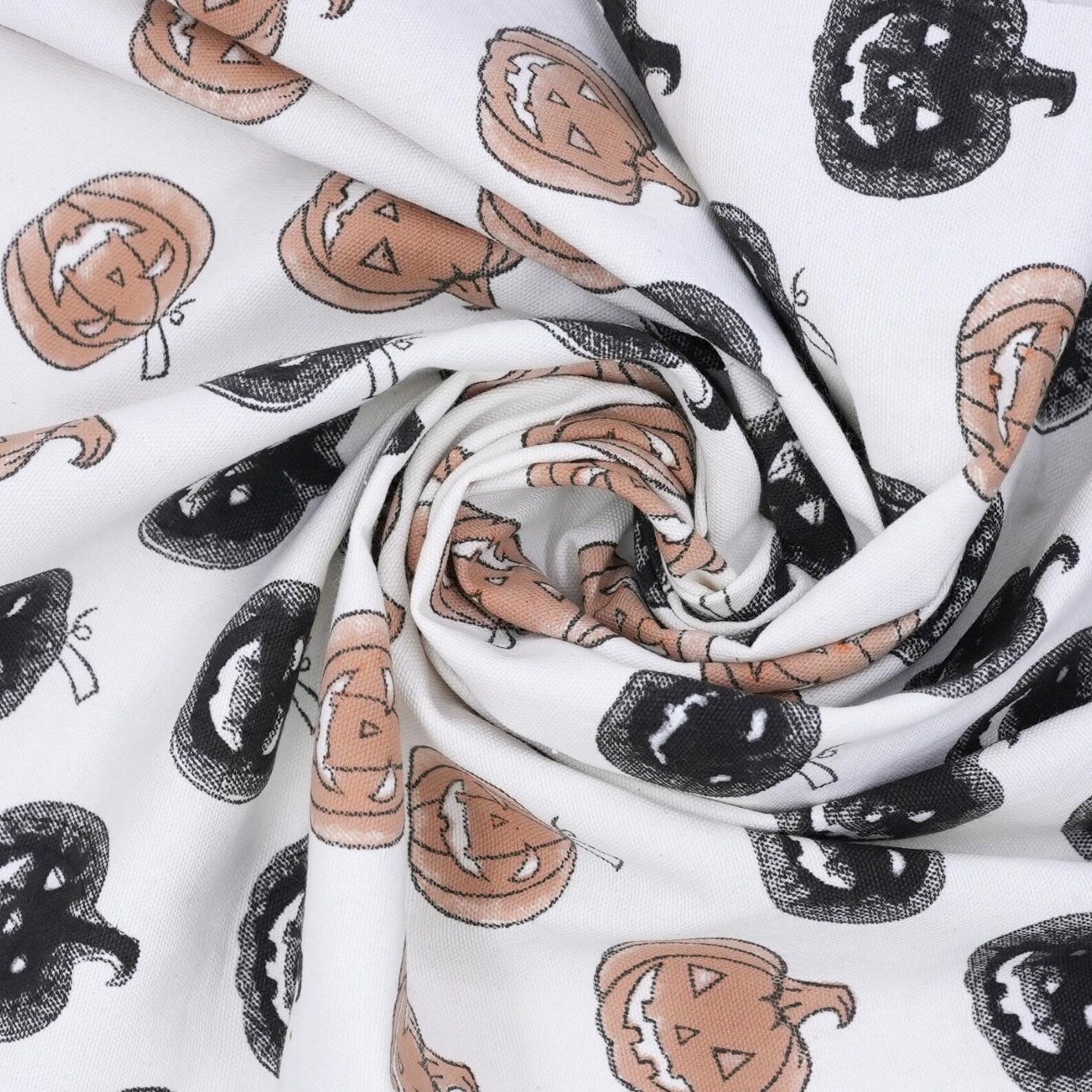 Block Print Thick Cotton White Halloween Pumpkin Fabric