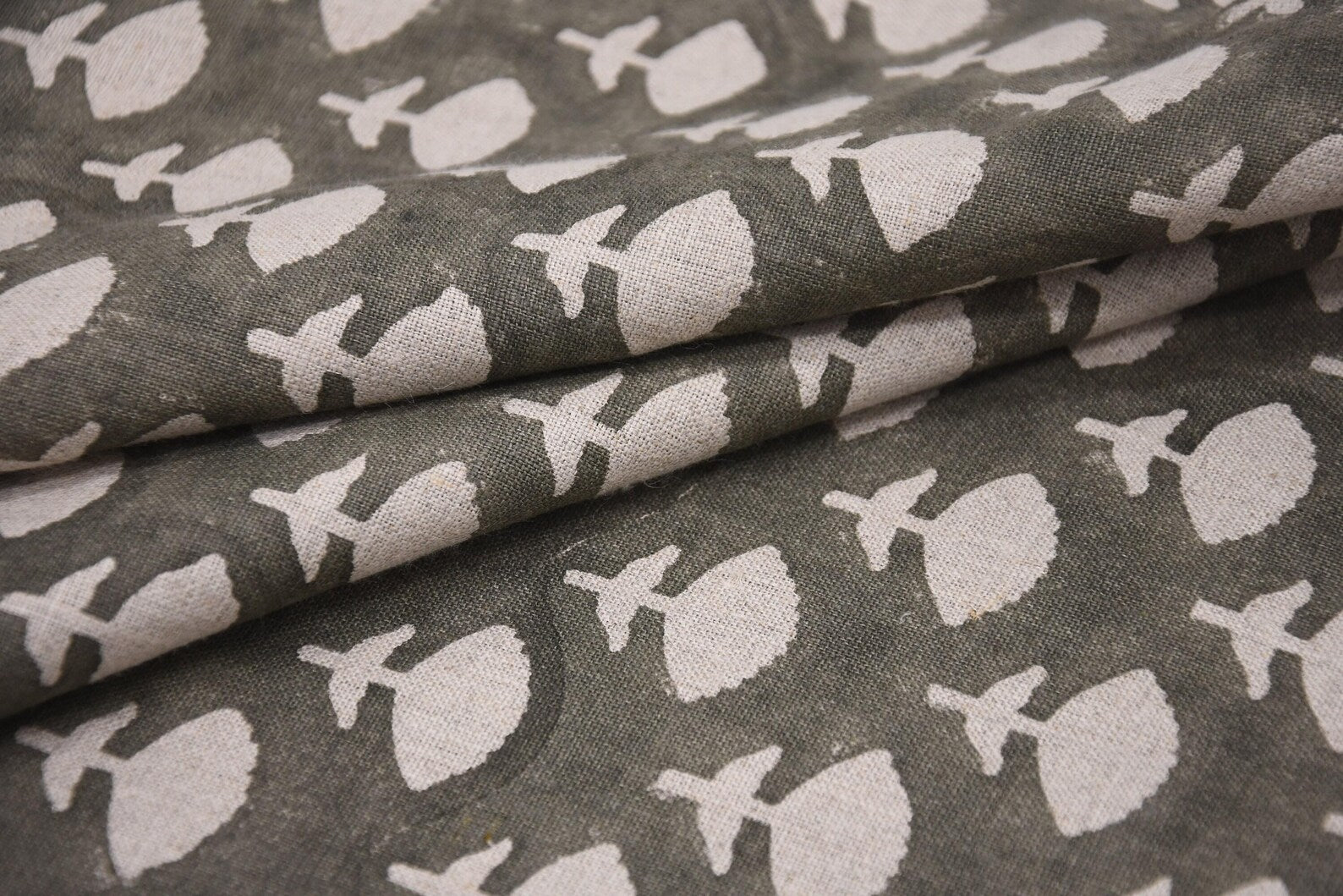 Indian Textiles Jadi Buti Grey Block Print Pure Linen Fabric