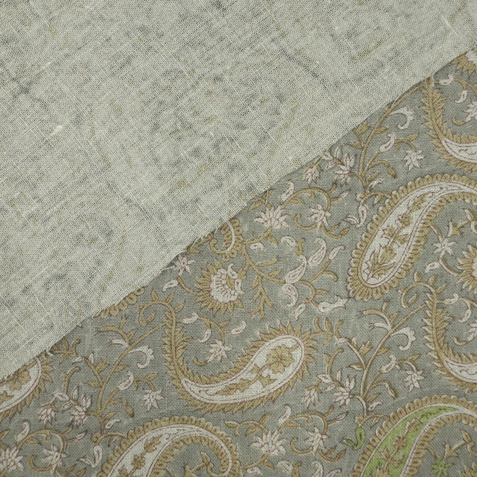 Handmade Sage Grey Floral Ethnic Paisley Linen Fabric - Kiara