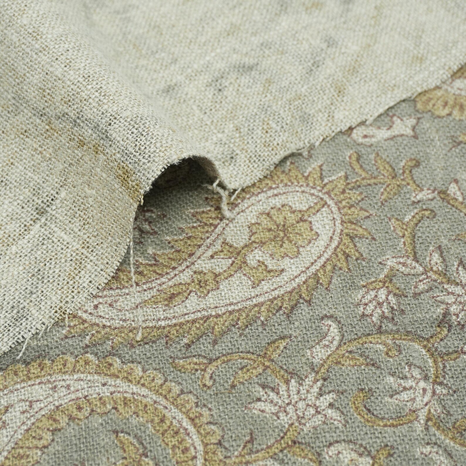 Handmade Sage Grey Floral Ethnic Paisley Linen Fabric - Kiara