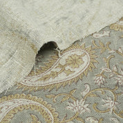 Handmade Sage Grey Floral Ethnic Paisley Linen Fabric - Kiara