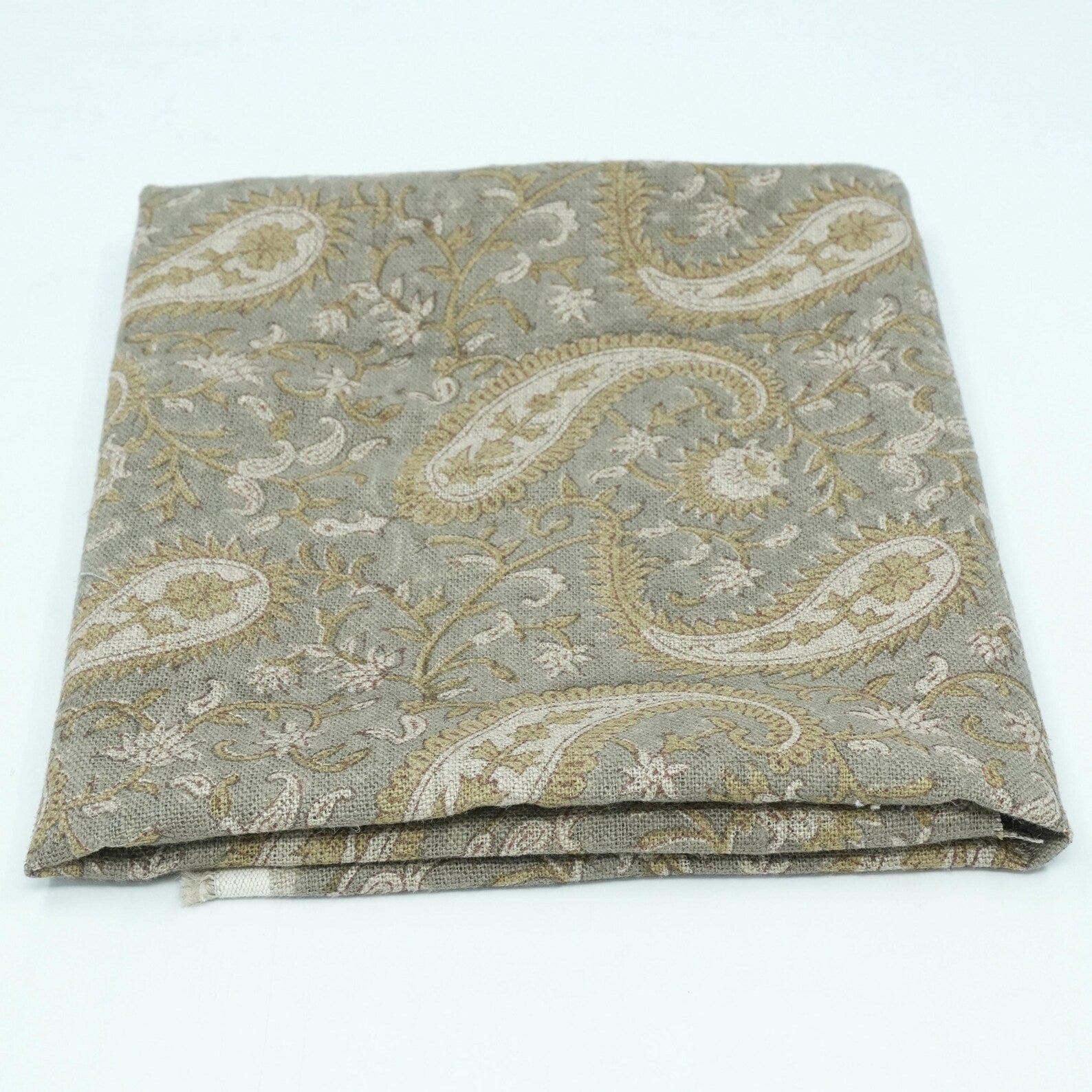 Handmade Sage Grey Floral Ethnic Paisley Linen Fabric - Kiara