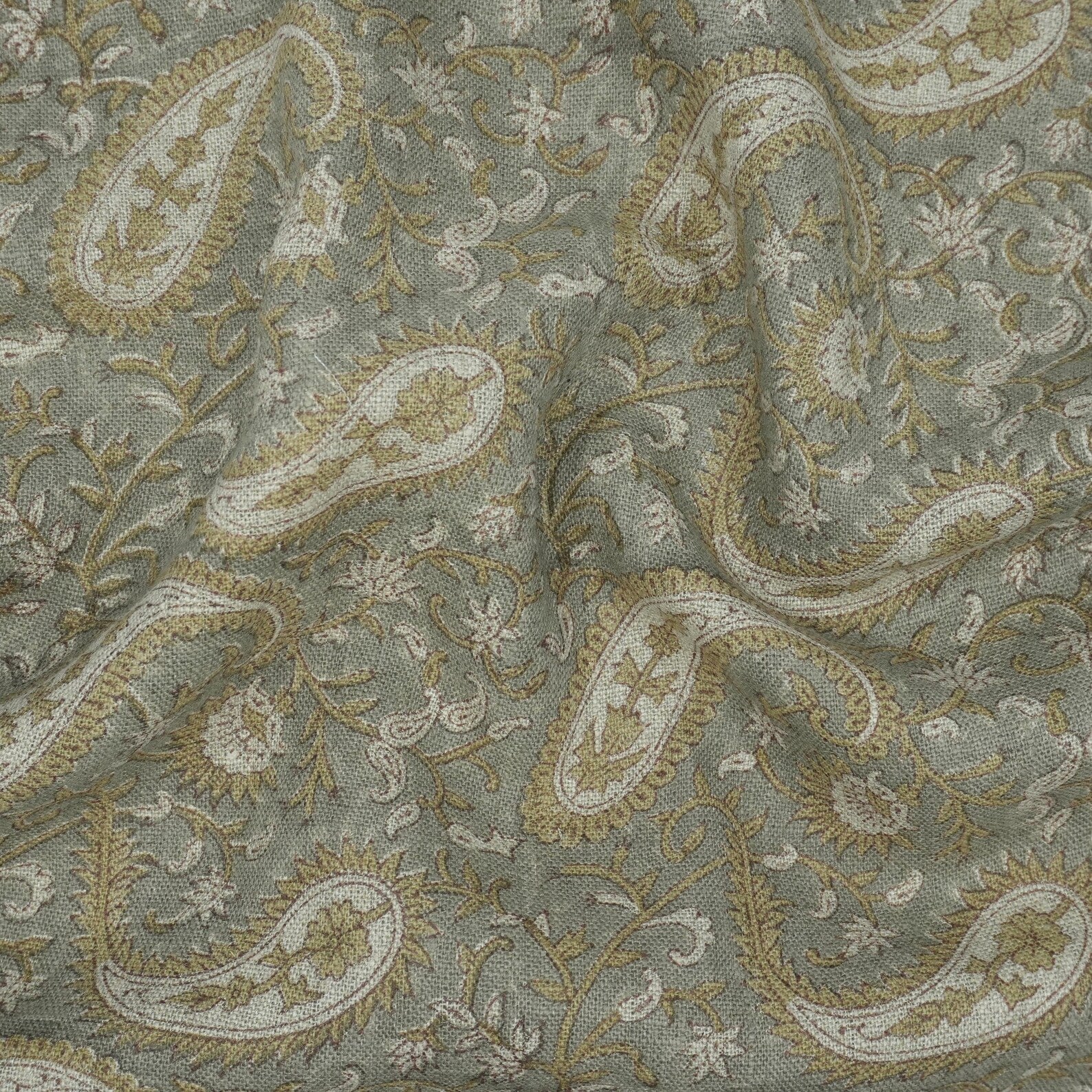 Handmade Sage Grey Floral Ethnic Paisley Linen Fabric - Kiara