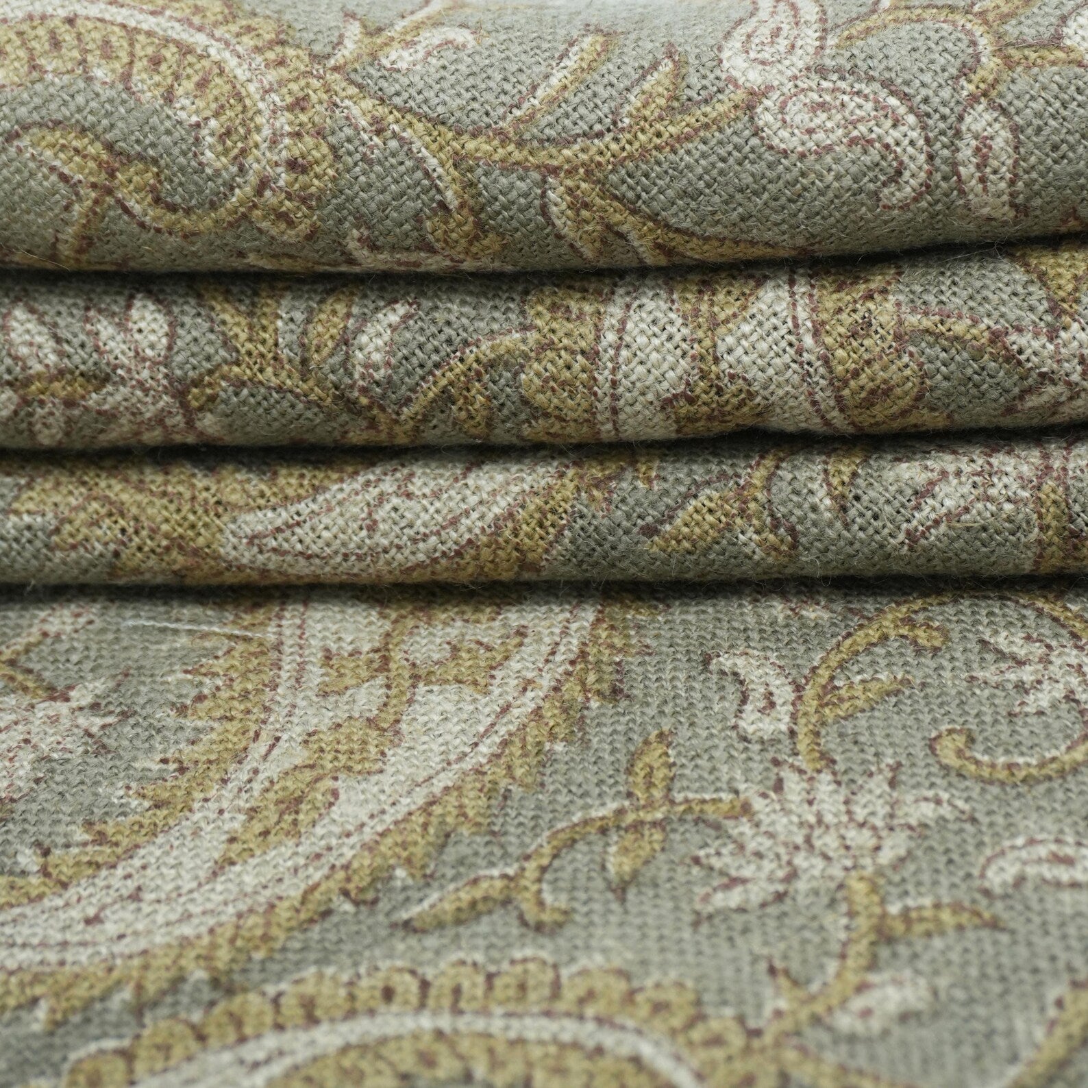 Handmade Sage Grey Floral Ethnic Paisley Linen Fabric - Kiara
