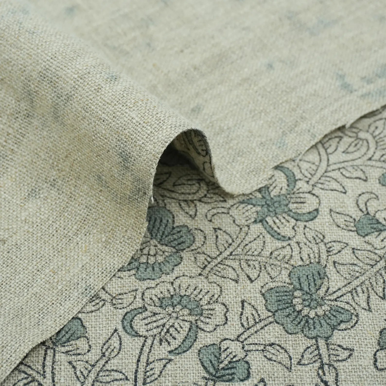 Indian Block Print Sage Green Floral Linen Fabric - Saundarya