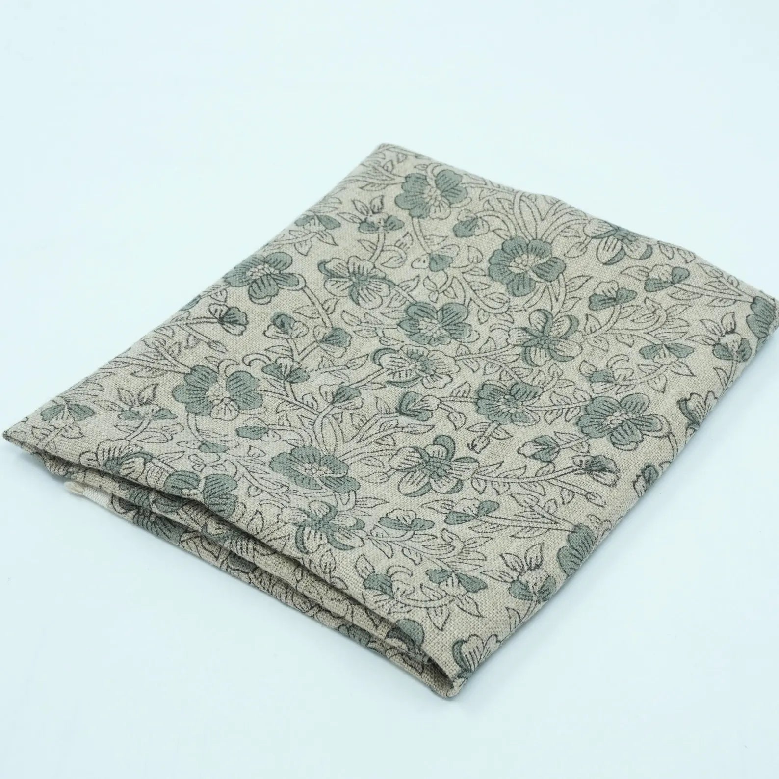 Indian Block Print Sage Green Floral Linen Fabric - Saundarya