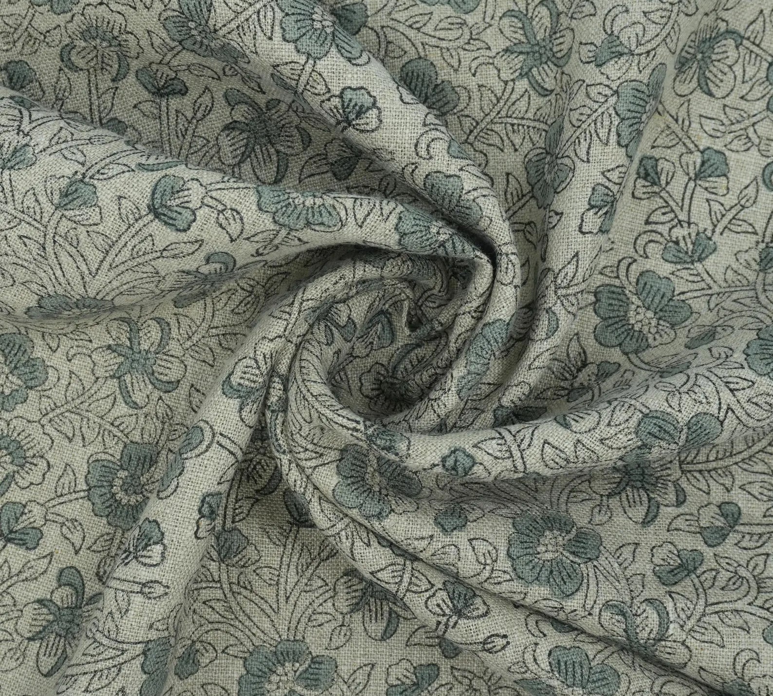 Indian Block Print Sage Green Floral Linen Fabric - Saundarya