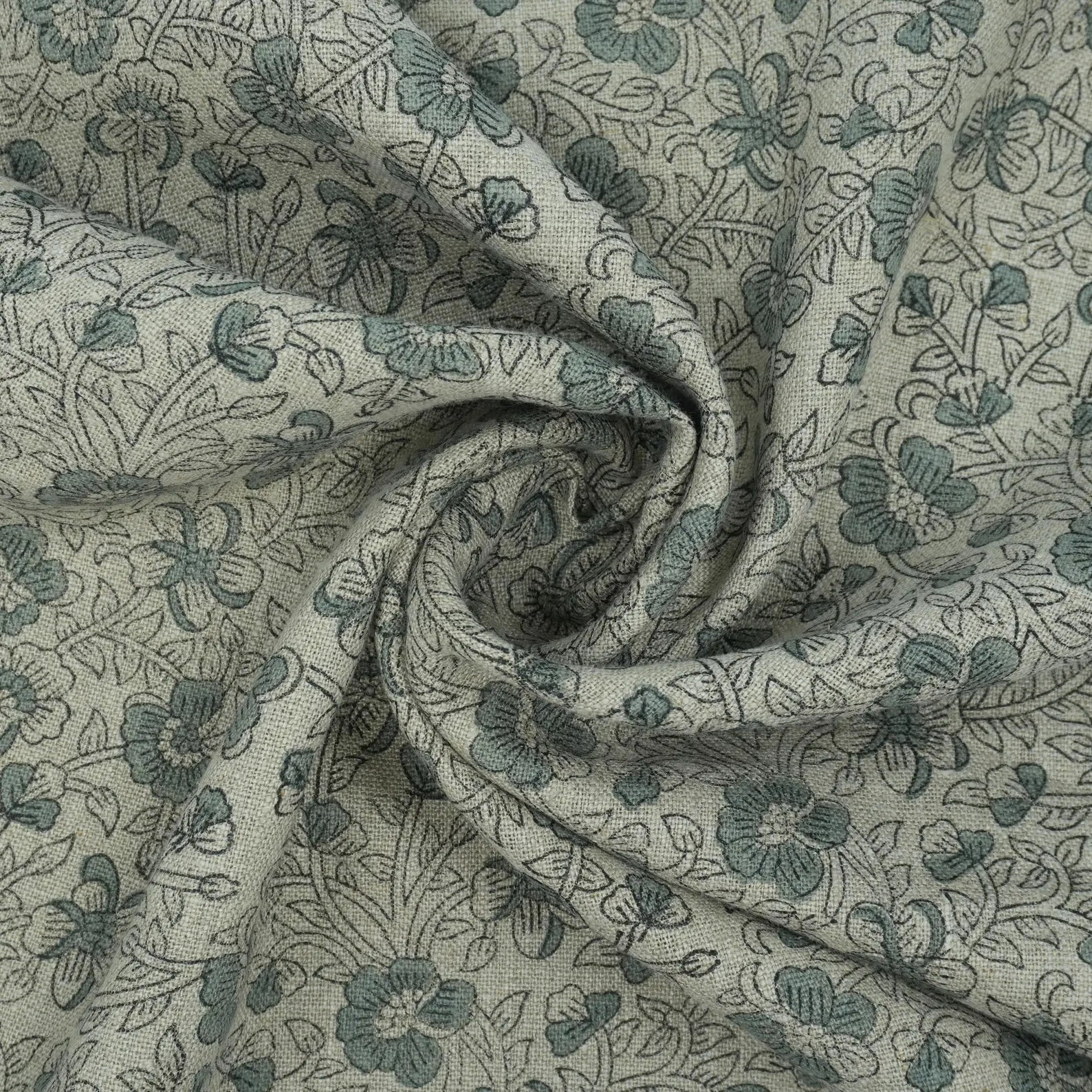 Indian Block Print Sage Green Floral Linen Fabric - Saundarya