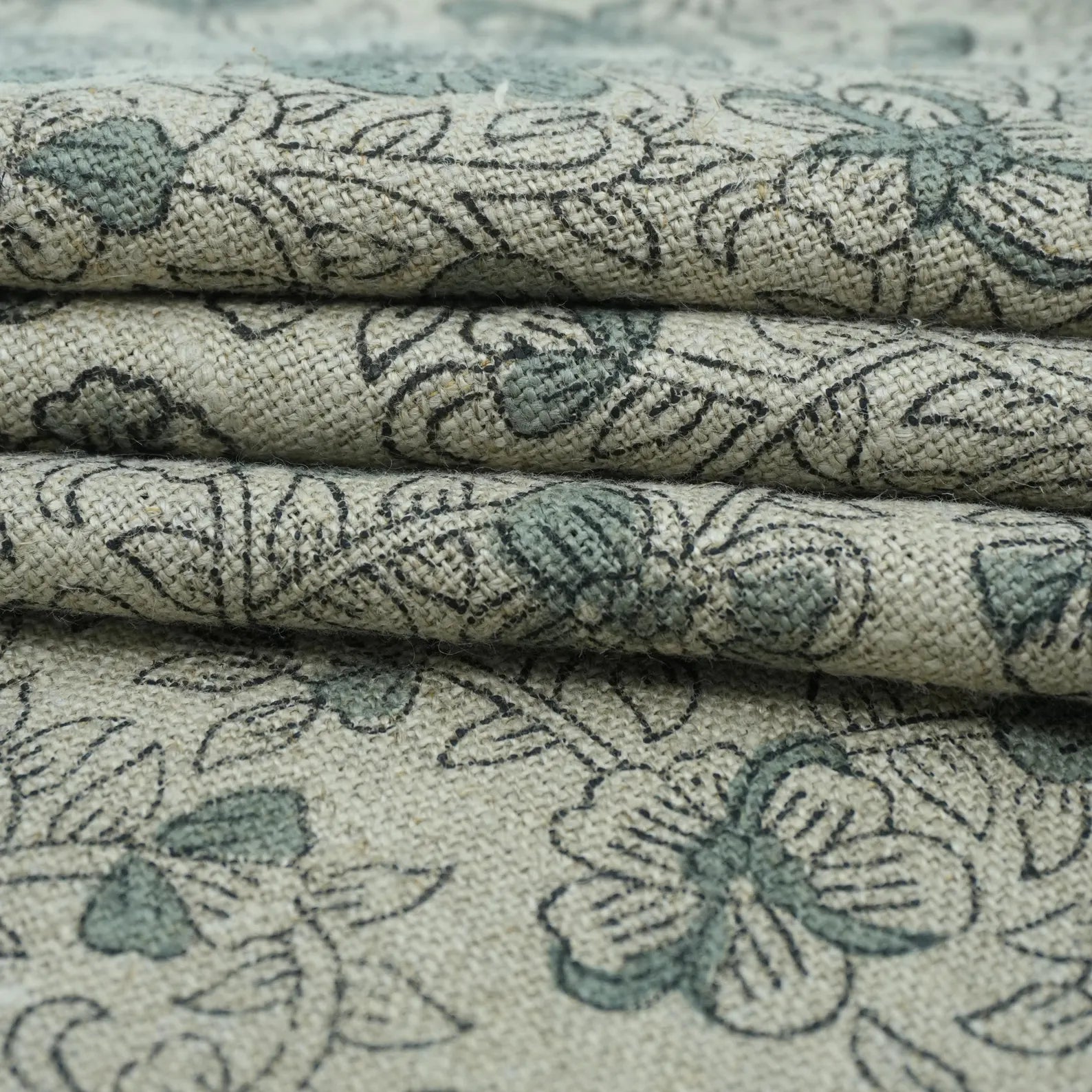 Indian Block Print Sage Green Floral Linen Fabric - Saundarya