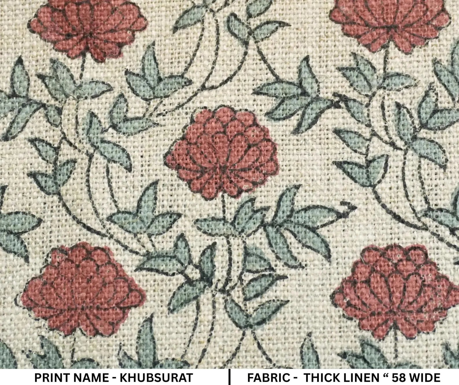Handcrafted Dusty Red Floral Linen Fabric - Khubsurat