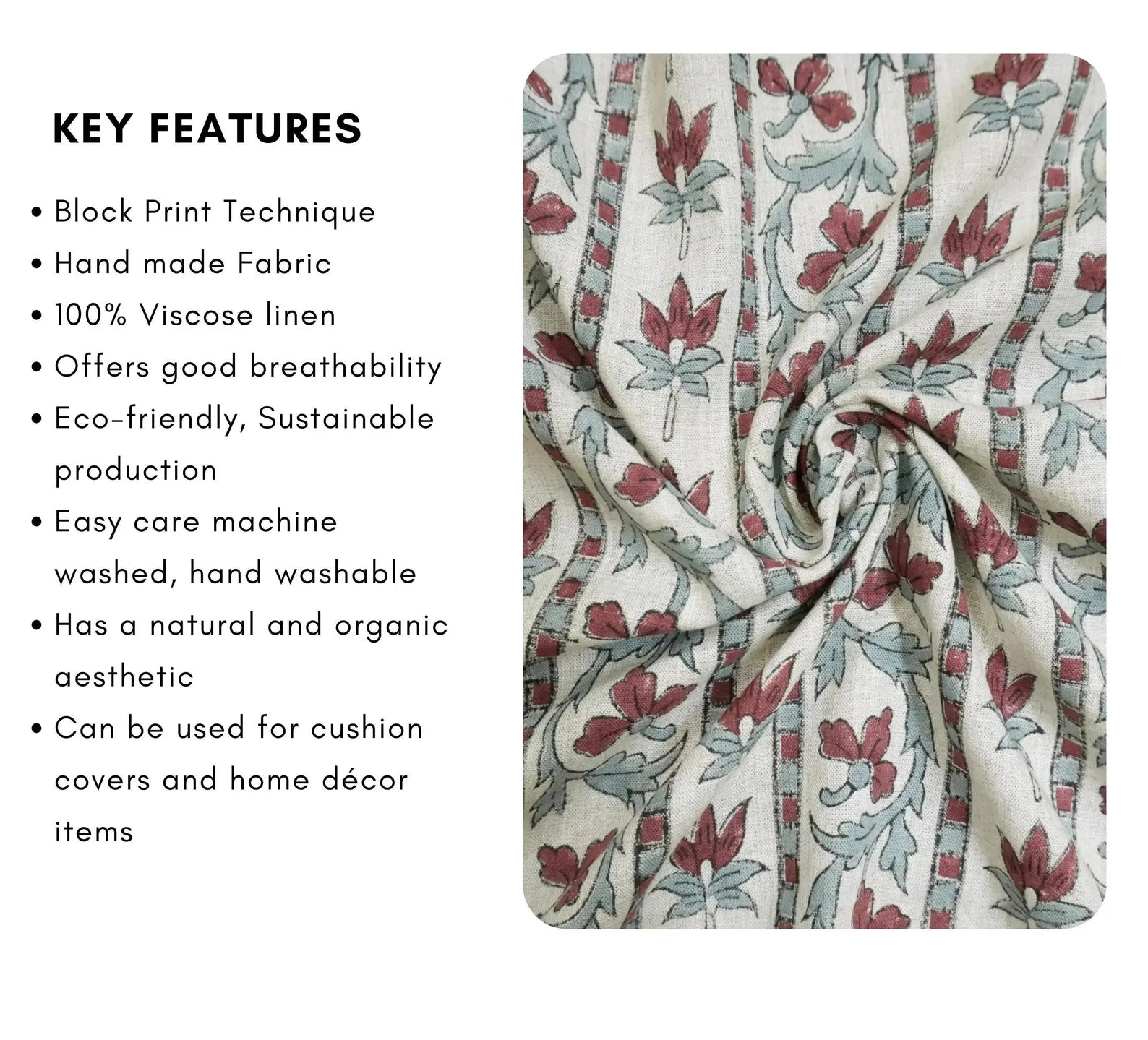 Lakshmi Block Print Viscose Linen Stripe Pillow Fabric 