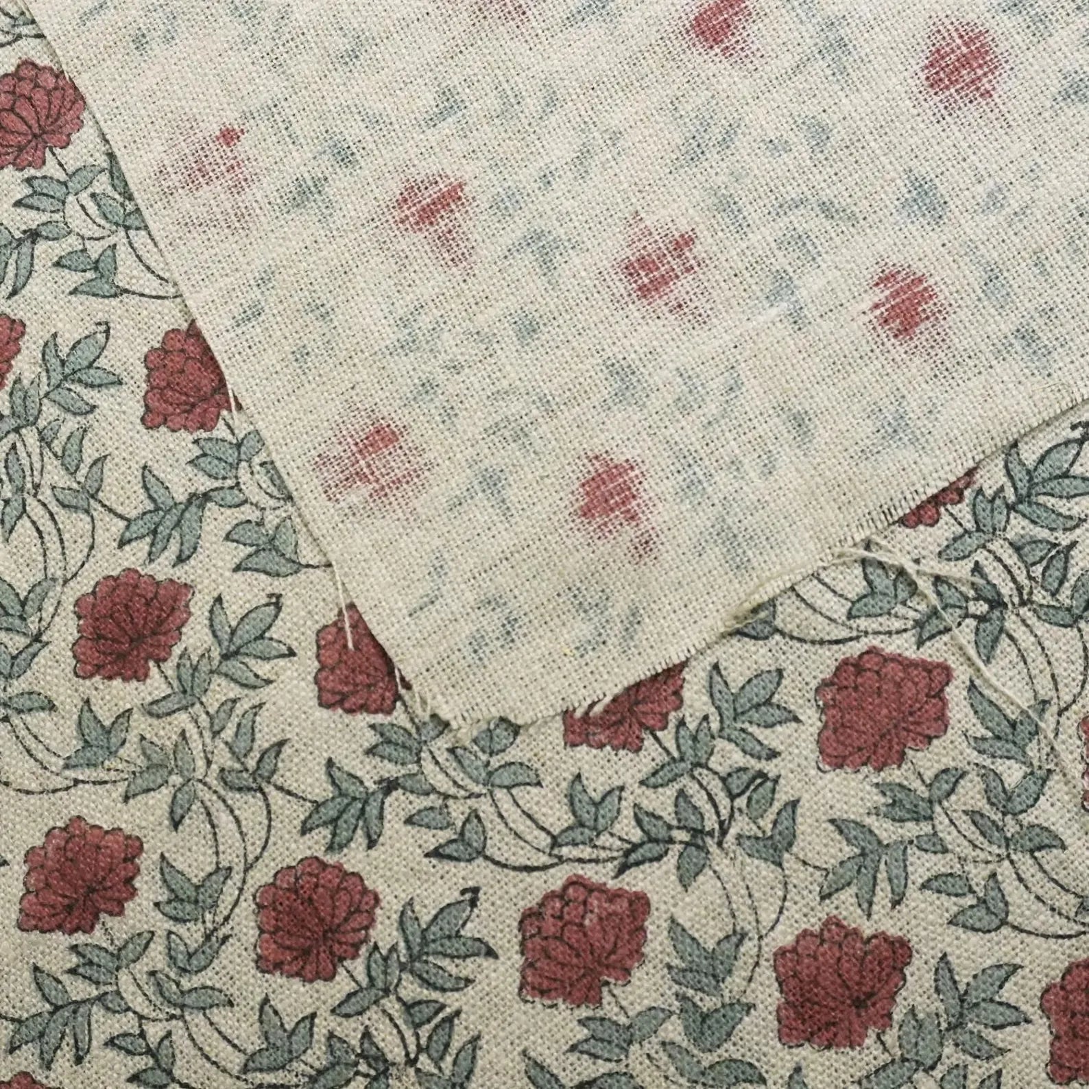 Handcrafted Dusty Red Floral Linen Fabric - Khubsurat