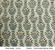 Lotus Block Print Thick Linen Boho Fabric in Gray Floral 