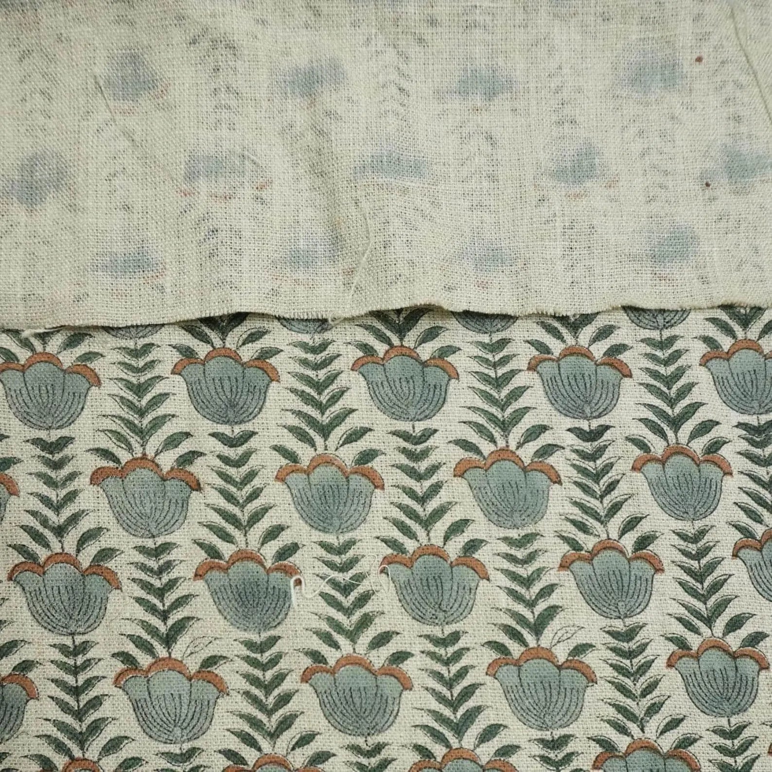 Lotus Block Print Thick Linen Boho Fabric in Gray Floral 
