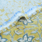 Handmade Printed Blue Floral Linen Upholstery Fabric - Chudamani