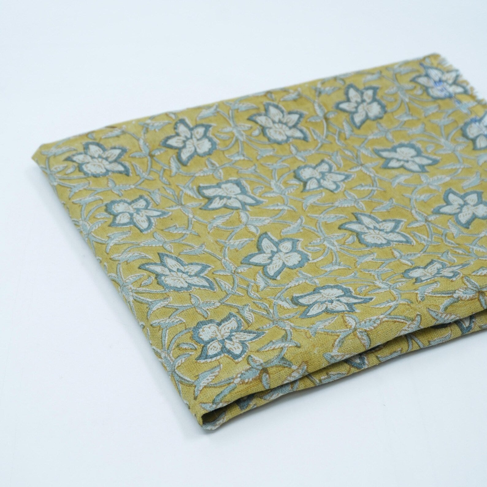 Handmade Printed Blue Floral Linen Upholstery Fabric - Chudamani