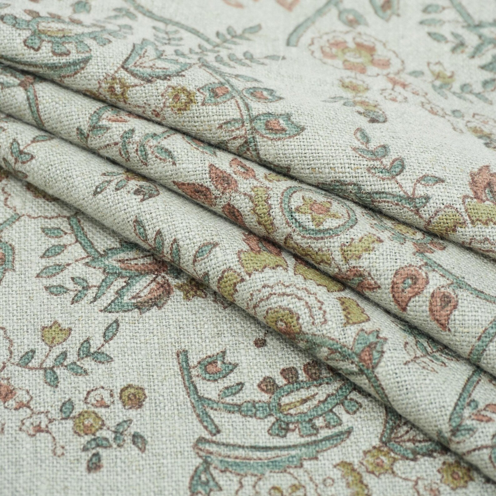 Indian Mustard Floral Block Print Pure Linen Fabric - Arpan
