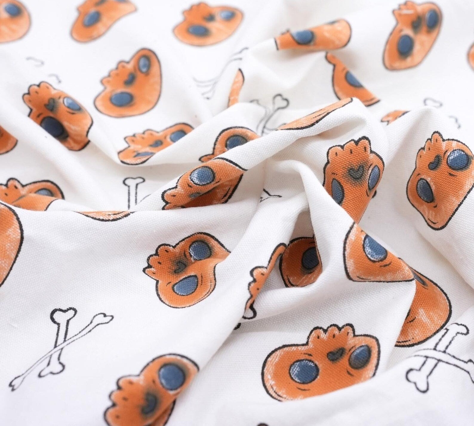 Skull Print Halloween Thick Cotton White Fabric - Skeleton