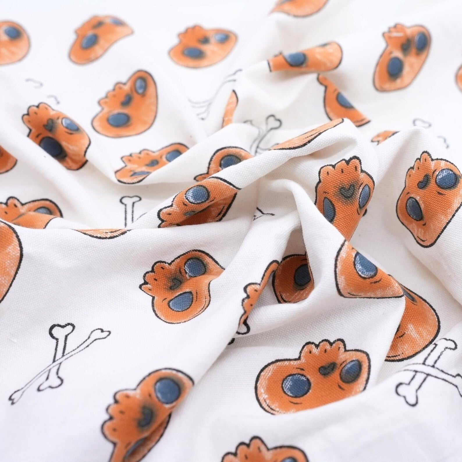 Skull Print Halloween Thick Cotton White Fabric - Skeleton