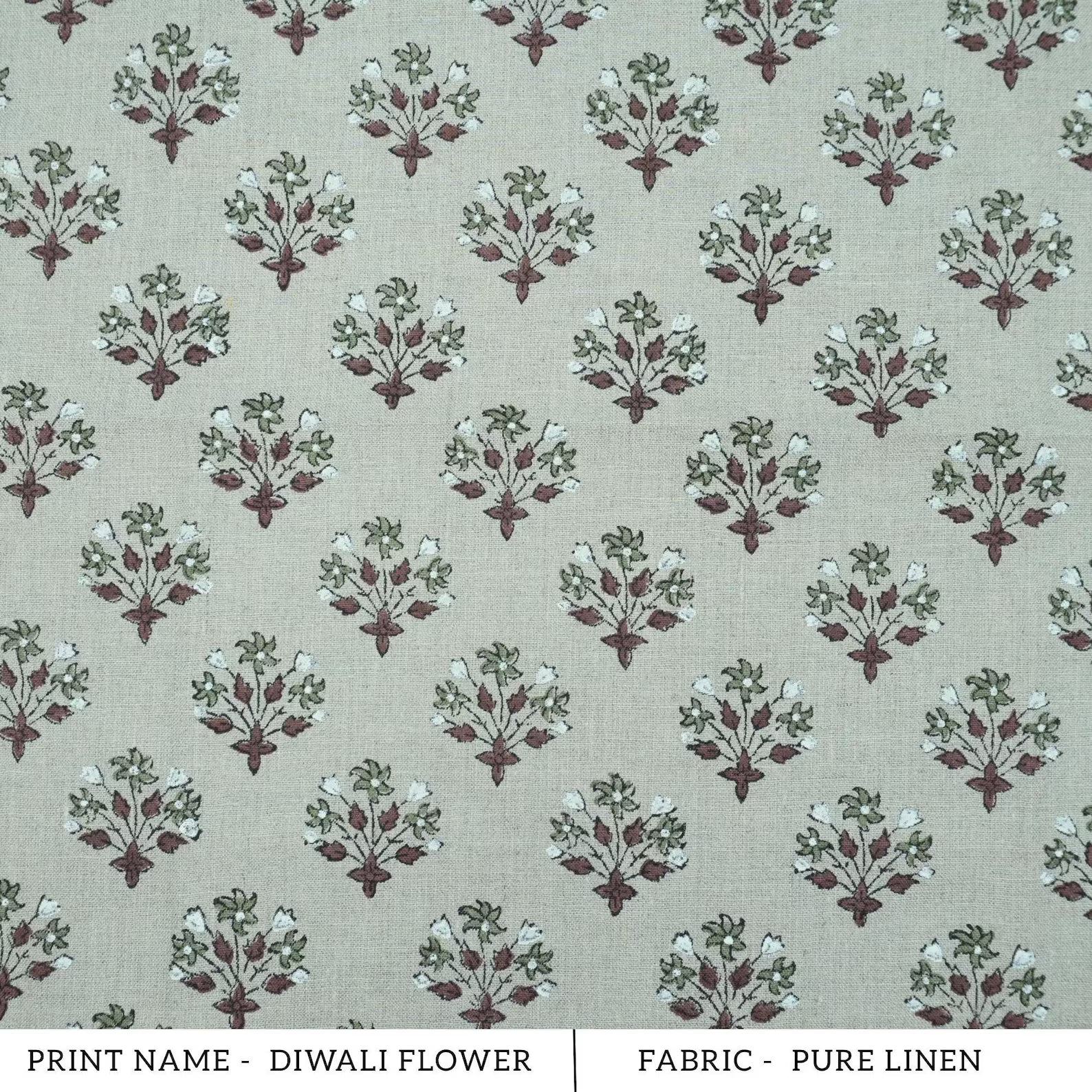 Burgundy Block Print Pure Linen Curtains Fabric - Diwali Flower