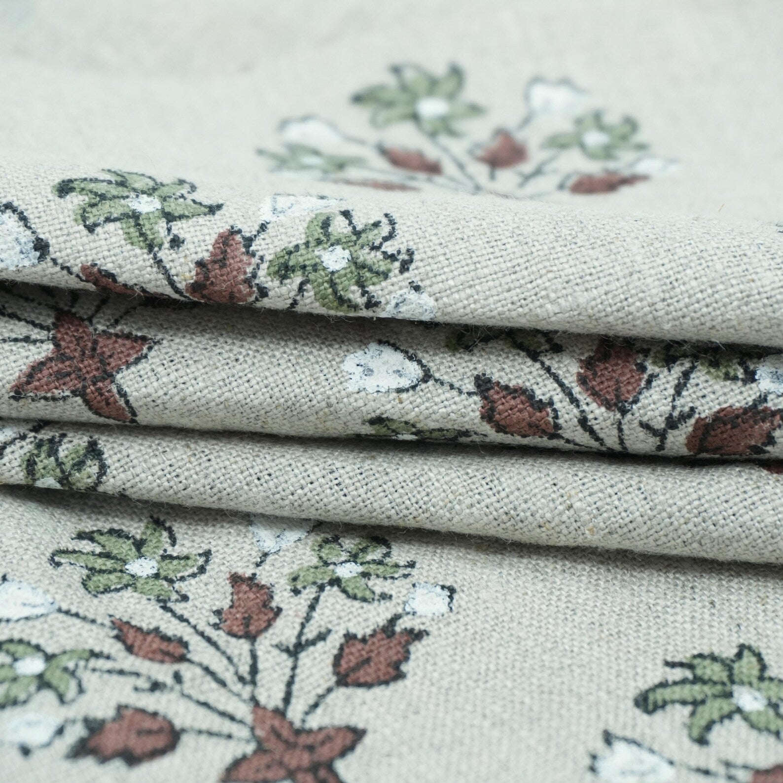 Burgundy Block Print Pure Linen Curtains Fabric - Diwali Flower