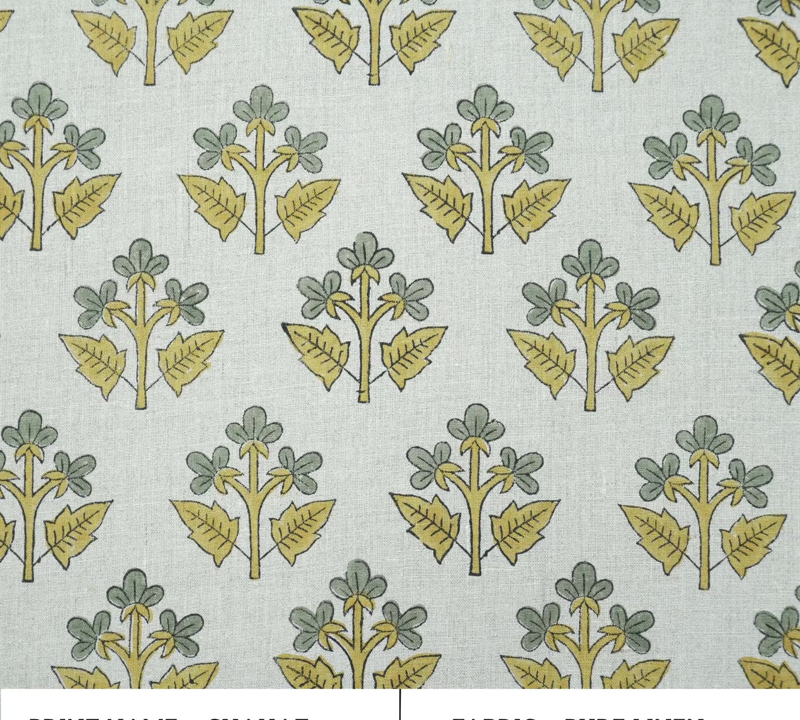 Handmade Mustard Sage Floral Botanical Print Linen Fabric