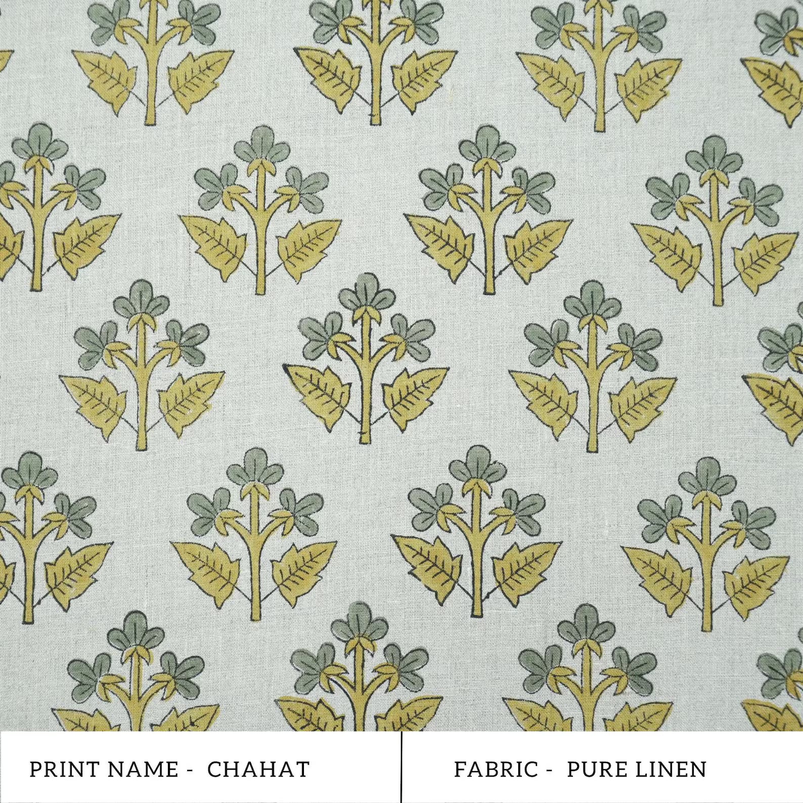 Handmade Mustard Sage Floral Botanical Print Linen Fabric
