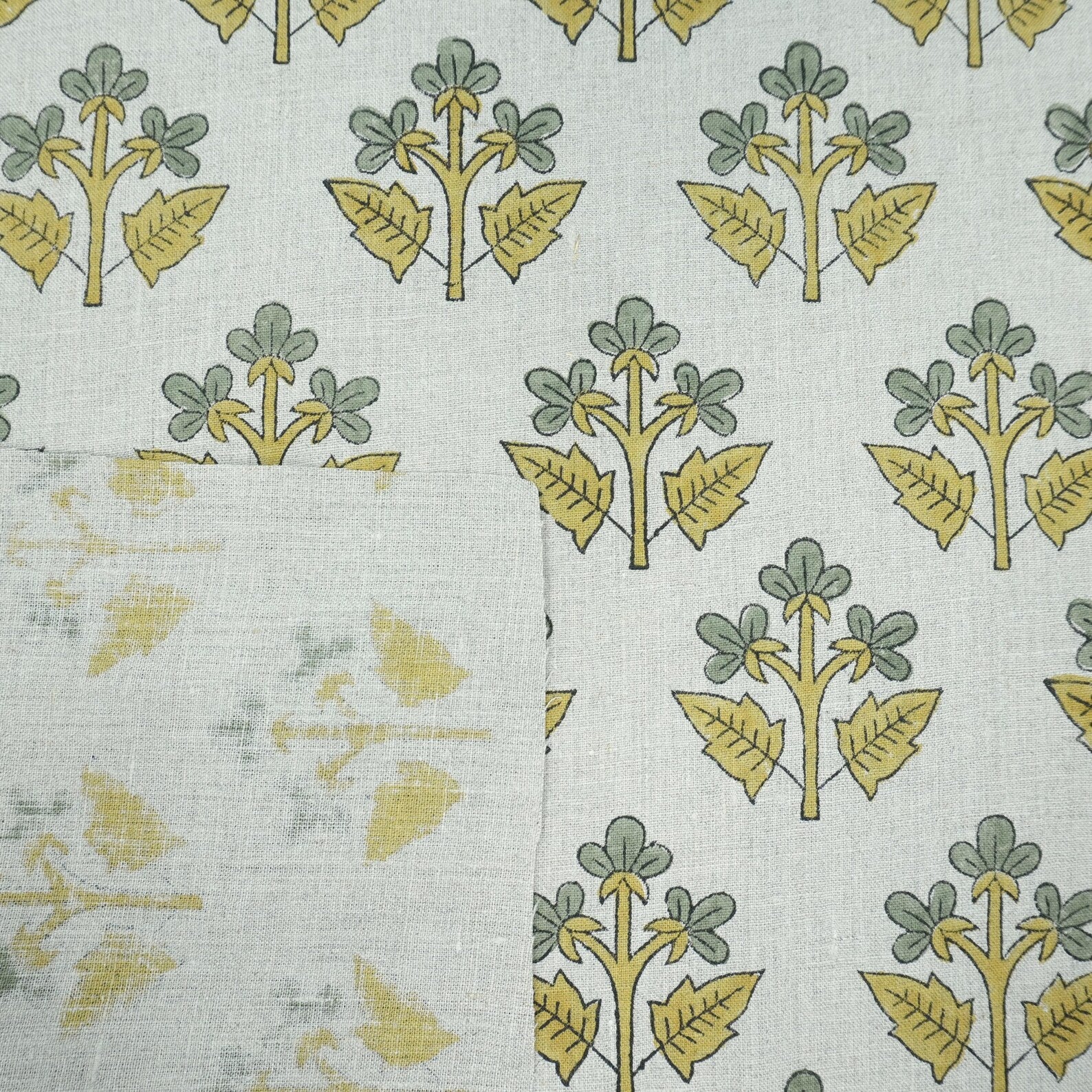 Handmade Mustard Sage Floral Botanical Print Linen Fabric