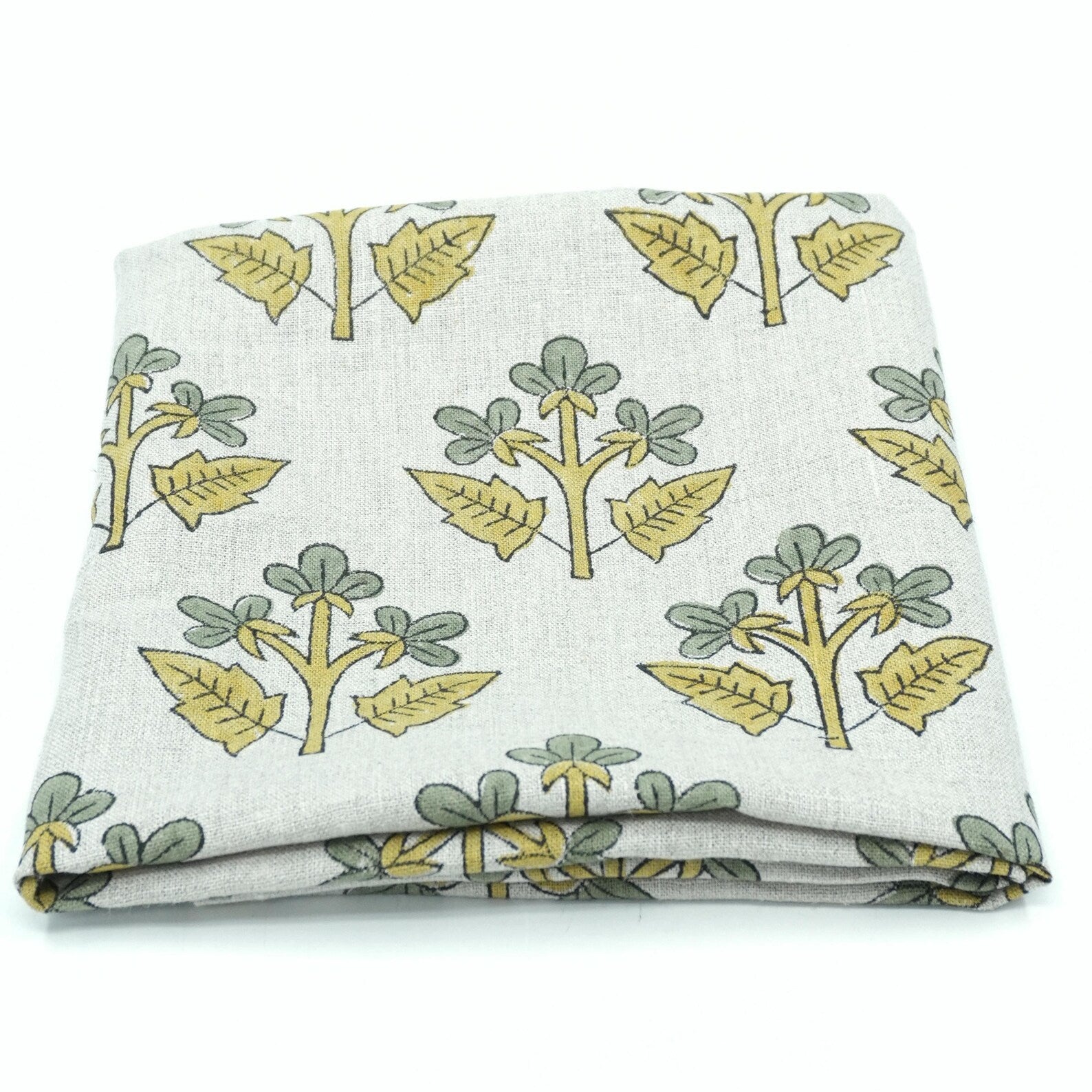Handmade Mustard Sage Floral Botanical Print Linen Fabric