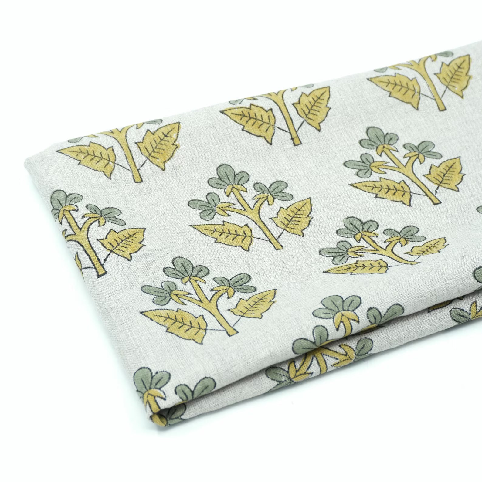 Handmade Mustard Sage Floral Botanical Print Linen Fabric