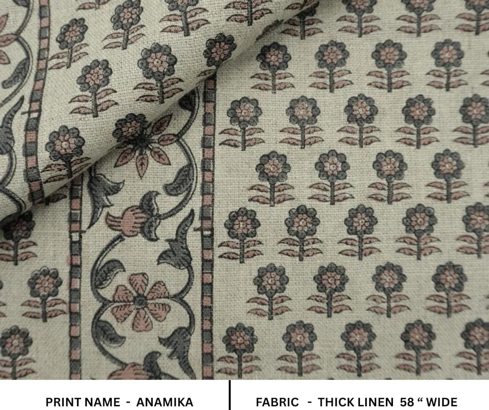Indian Block Print Gray Floral Thick Linen Fabric - Anamika Border