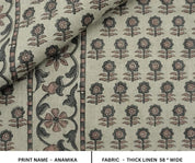 Indian Block Print Gray Floral Thick Linen Fabric - Anamika Border