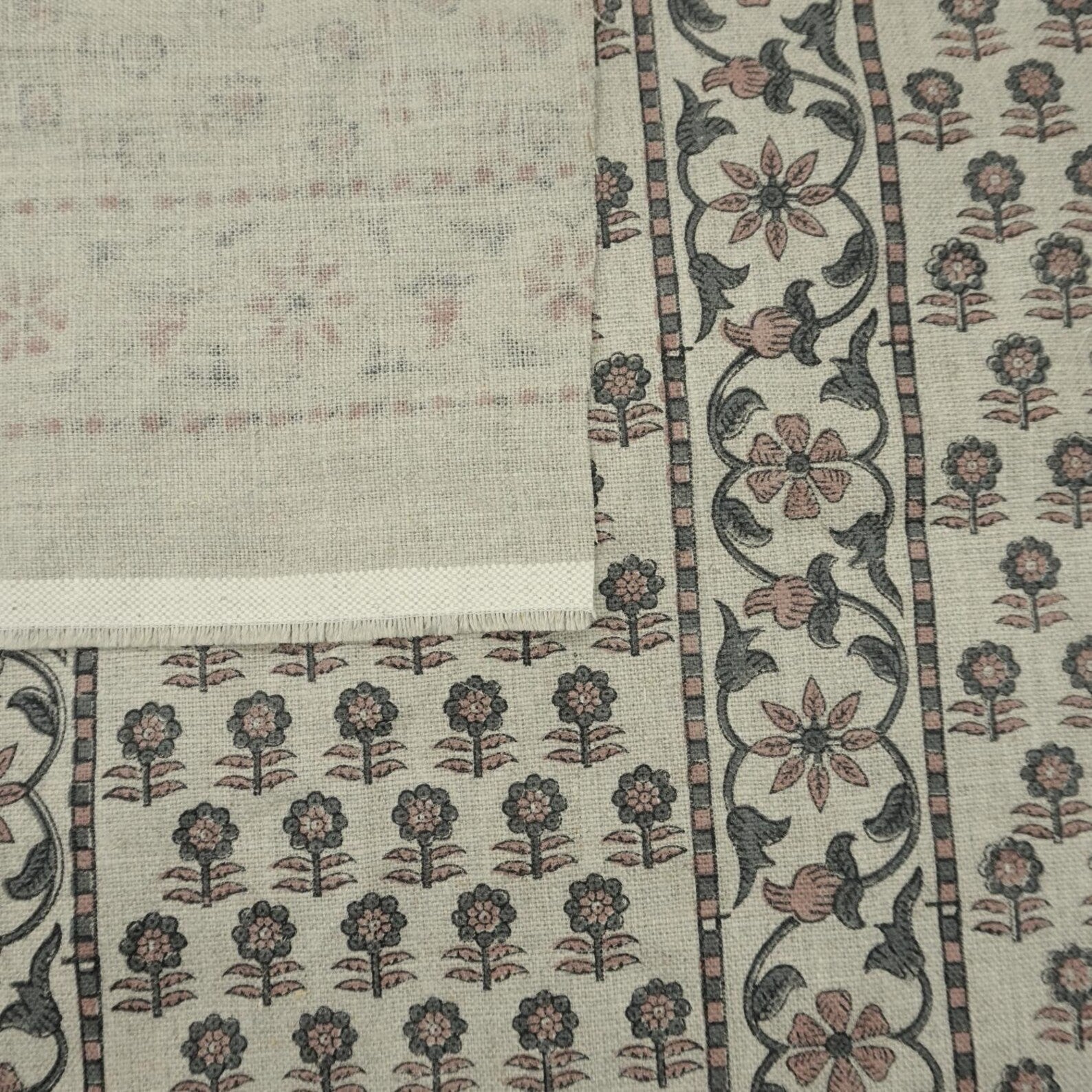 Indian Block Print Gray Floral Thick Linen Fabric - Anamika Border