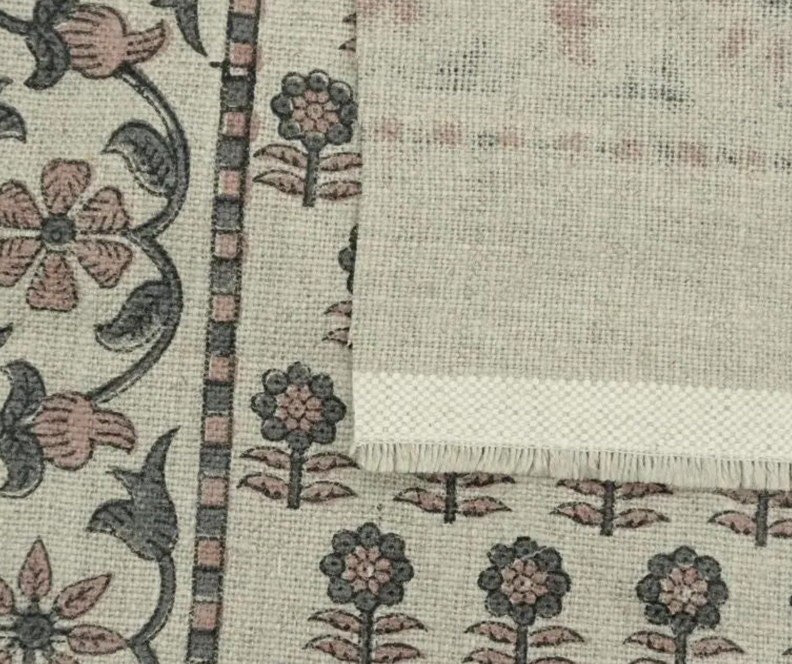 Indian Block Print Gray Floral Thick Linen Fabric - Anamika Border