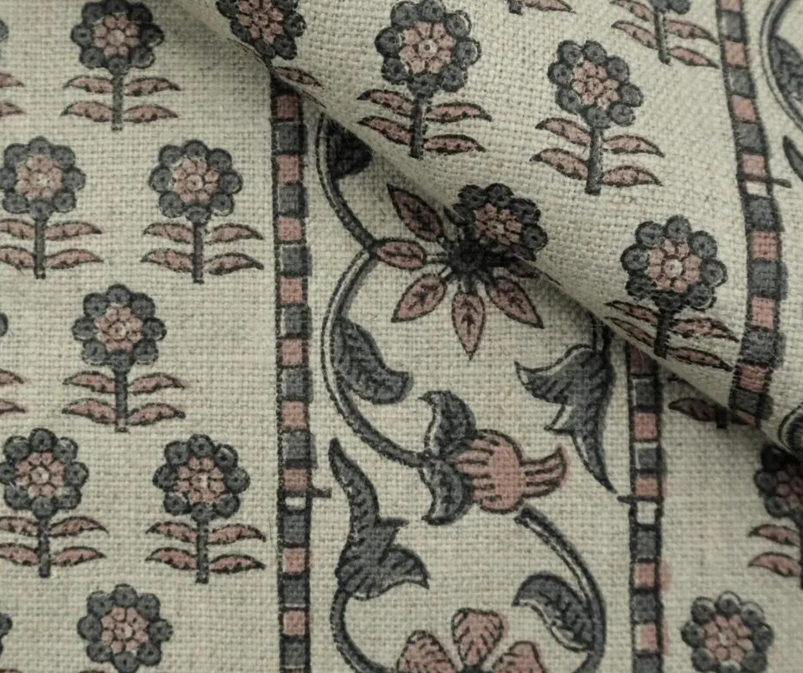 Indian Block Print Gray Floral Thick Linen Fabric - Anamika Border