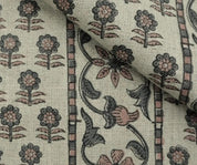 Indian Block Print Gray Floral Thick Linen Fabric - Anamika Border