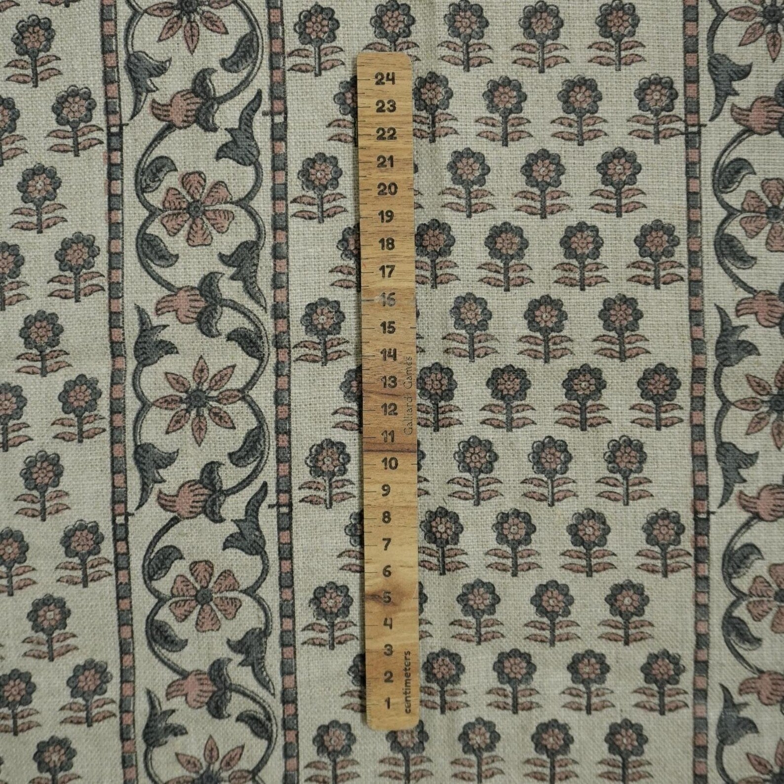 Indian Block Print Gray Floral Thick Linen Fabric - Anamika Border