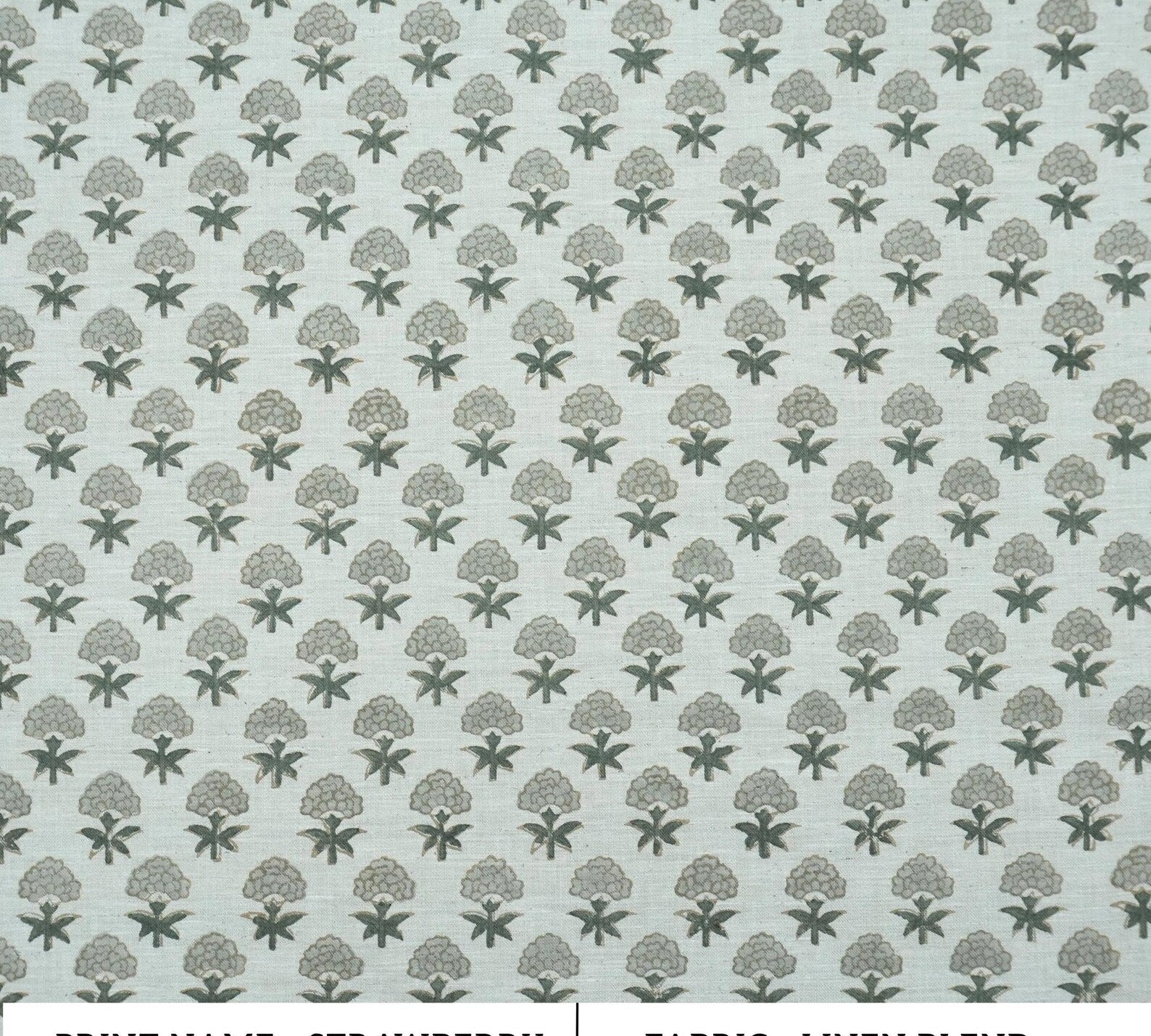 Strawberry Blossom Mint Green Block Print Linen Fabric