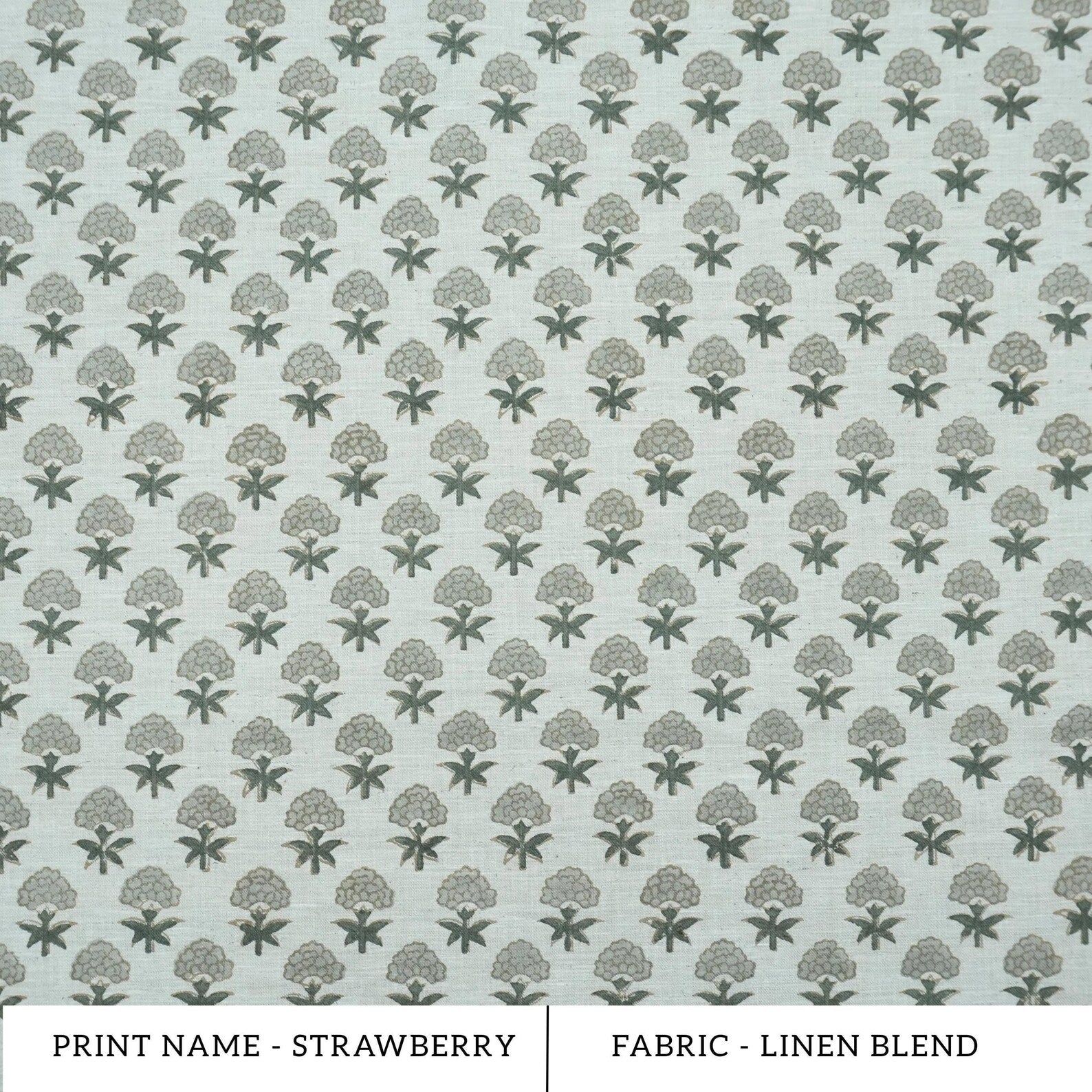 Strawberry Blossom Mint Green Block Print Linen Fabric