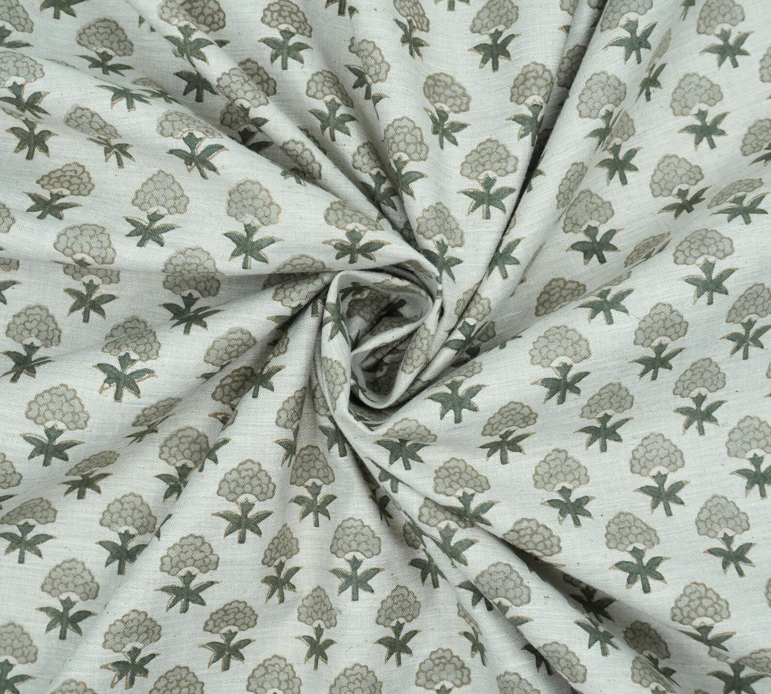 Strawberry Blossom Mint Green Block Print Linen Fabric