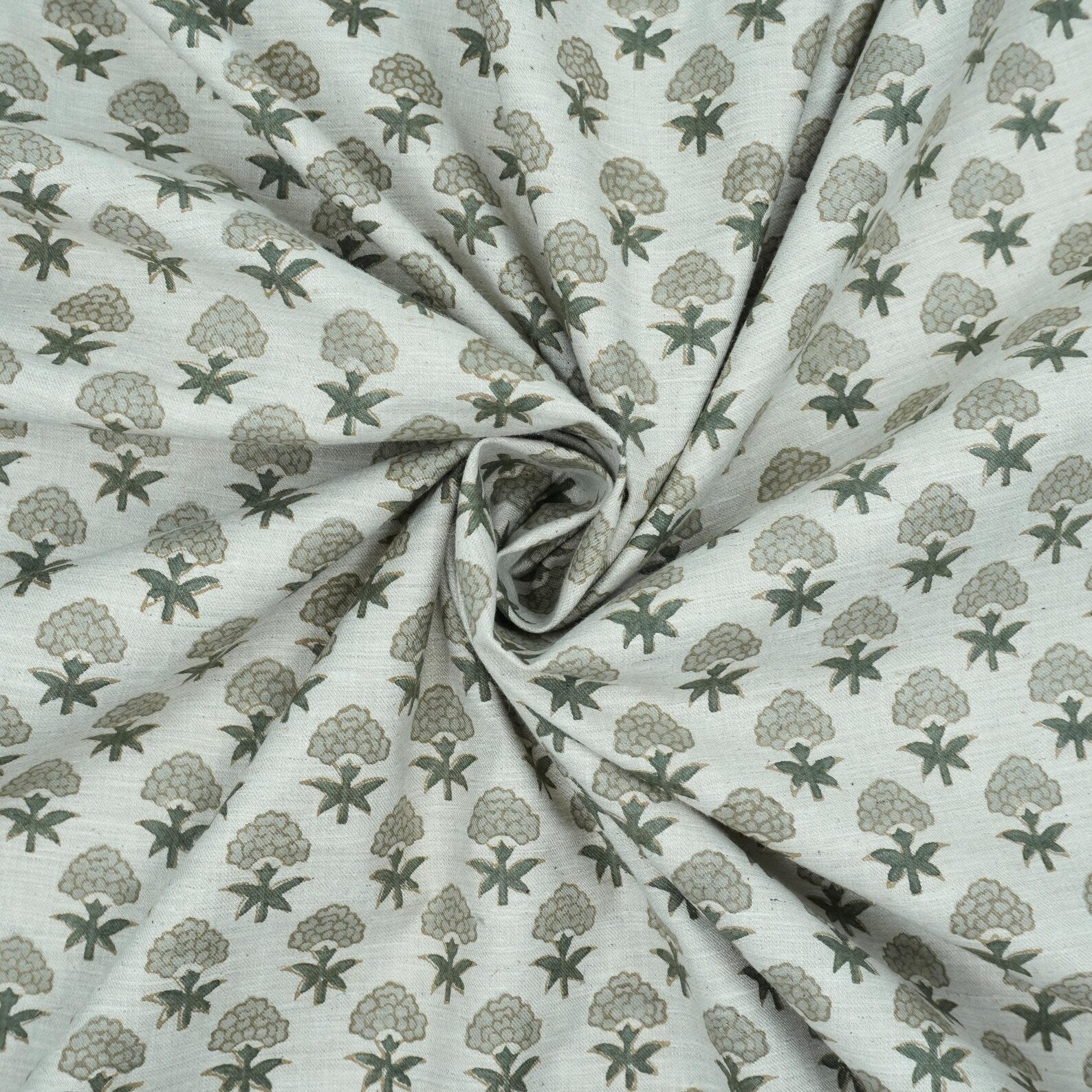 Strawberry Blossom Mint Green Block Print Linen Fabric