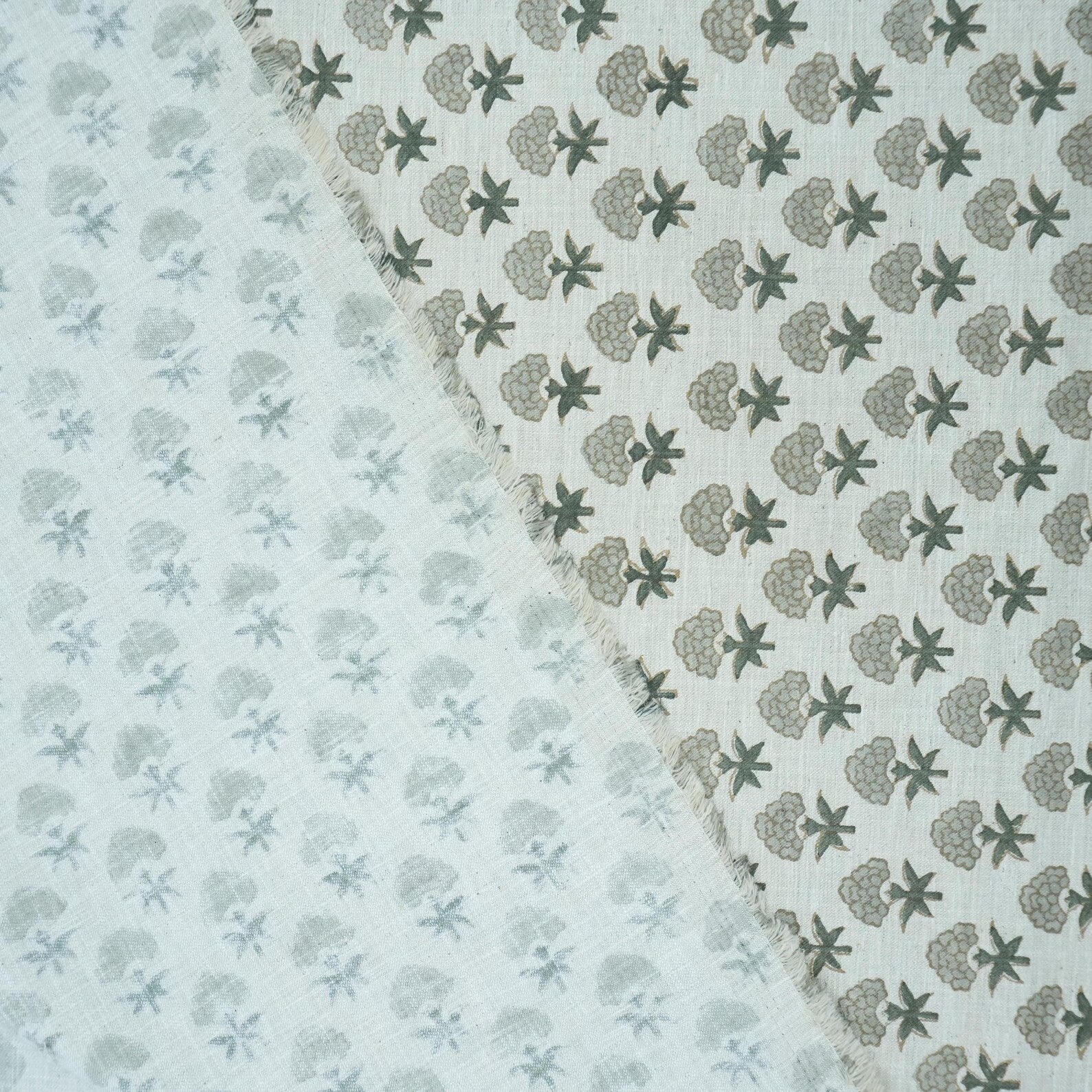 Strawberry Blossom Mint Green Block Print Linen Fabric
