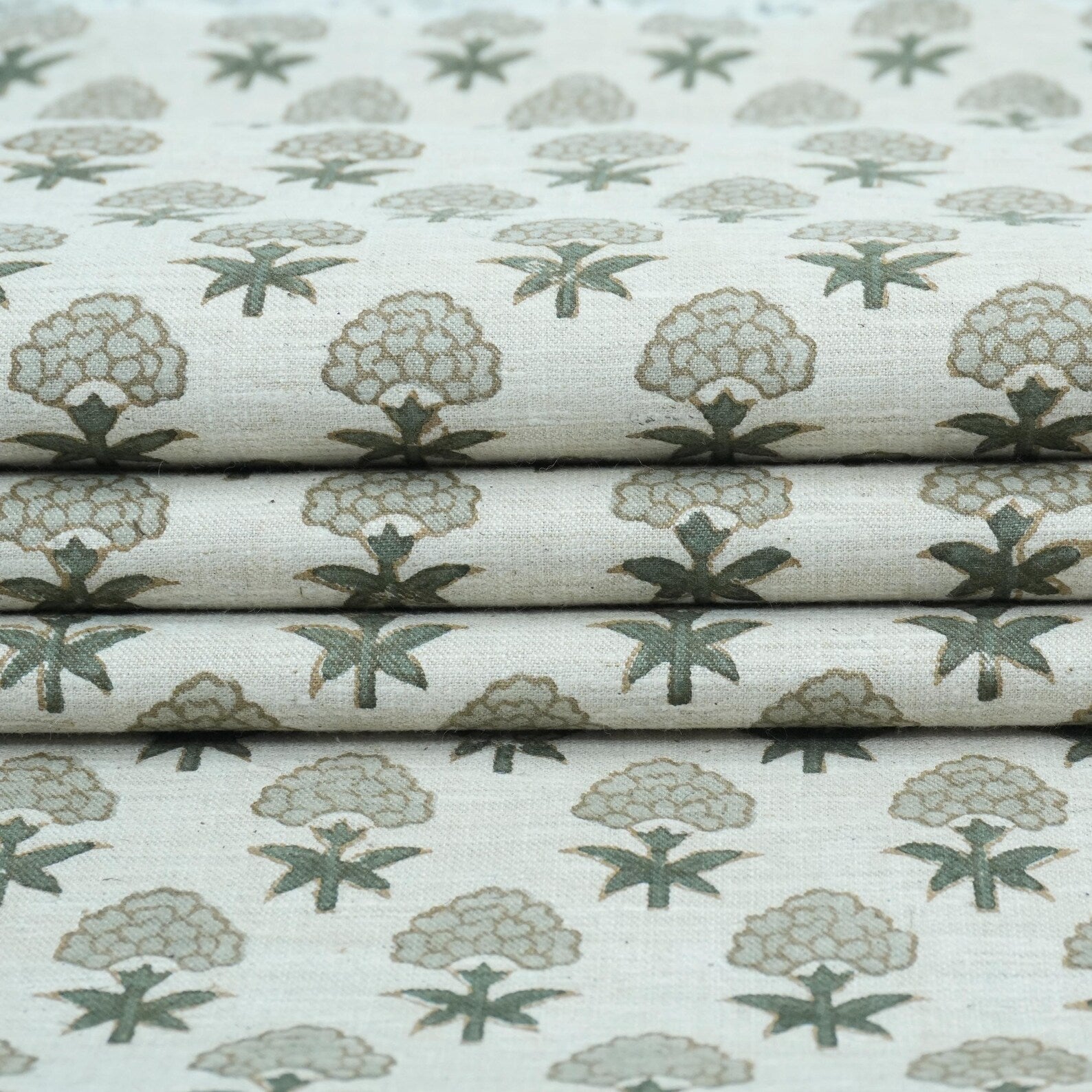 Strawberry Blossom Mint Green Block Print Linen Fabric