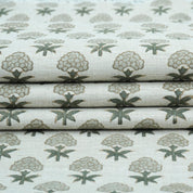 Strawberry Blossom Mint Green Block Print Linen Fabric