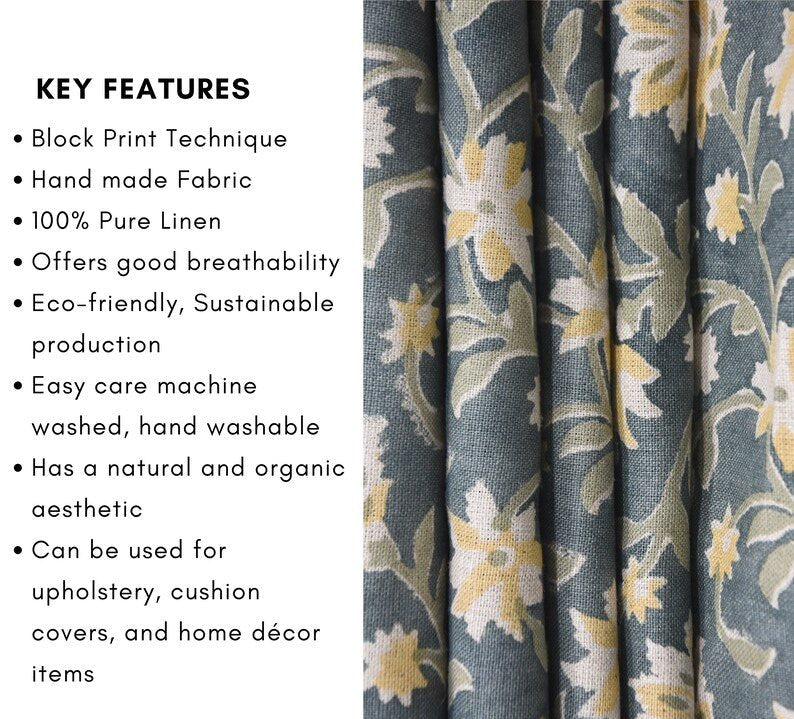 Hand block print, pure linen 58"W fabric for curtains, Pillow covers, linen fabric, table cloth, floral print- ARADHNA