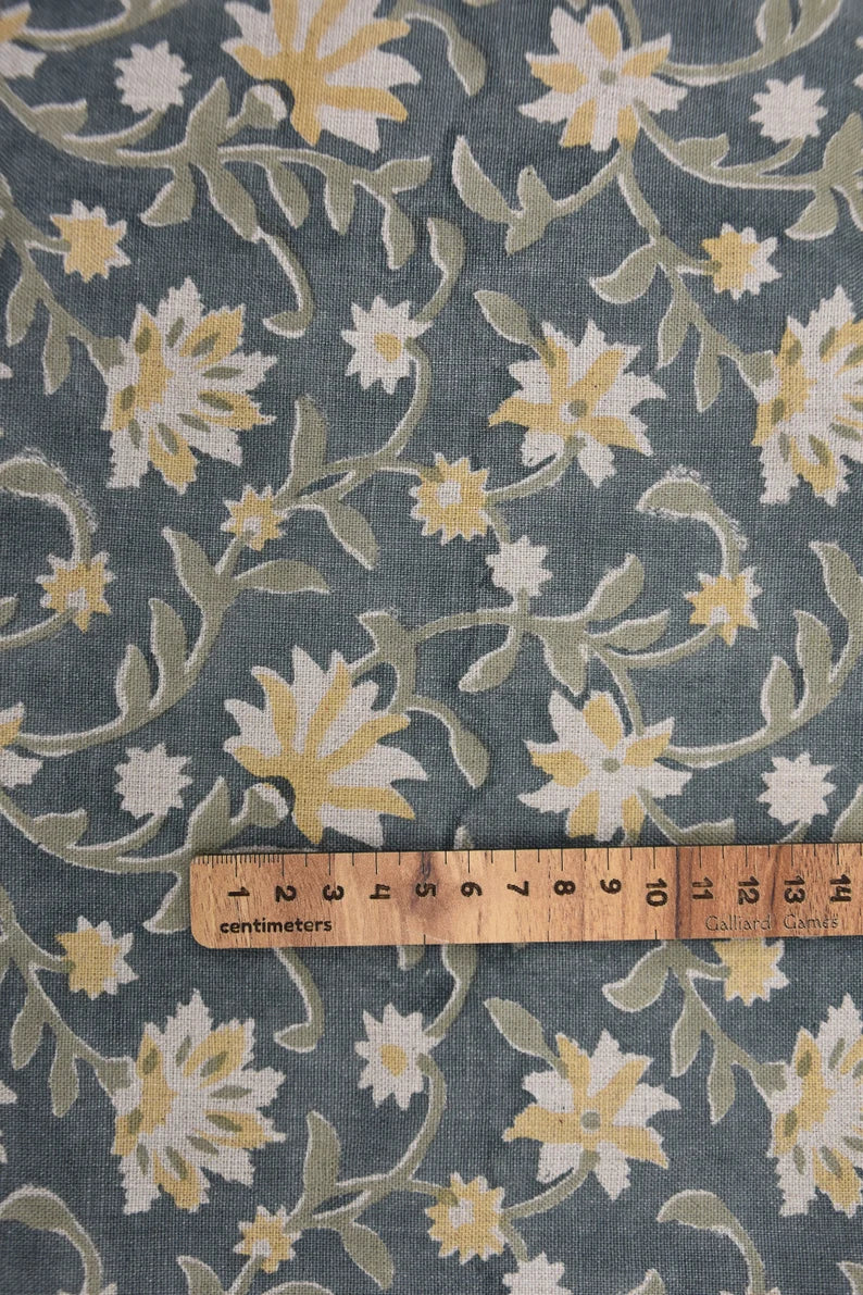 Hand block print, pure linen 58"W fabric for curtains, Pillow covers, linen fabric, table cloth, floral print- ARADHNA