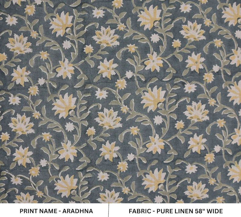 Hand block print, pure linen 58"W fabric for curtains, Pillow covers, linen fabric, table cloth, floral print- ARADHNA