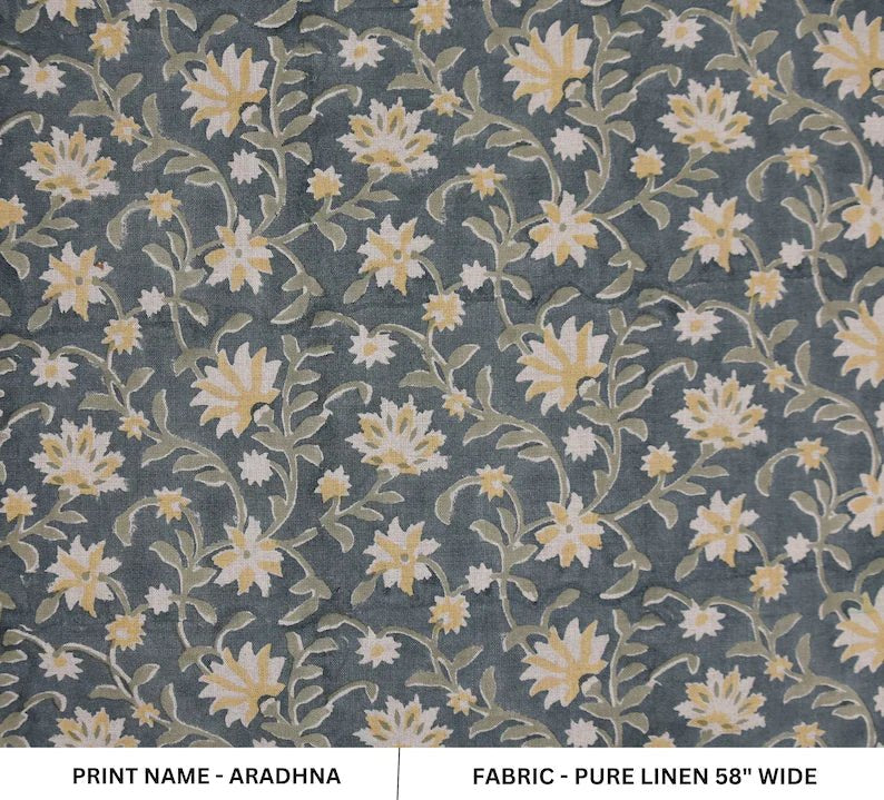 Hand block print, pure linen 58"W fabric for curtains, Pillow covers, linen fabric, table cloth, floral print- ARADHNA