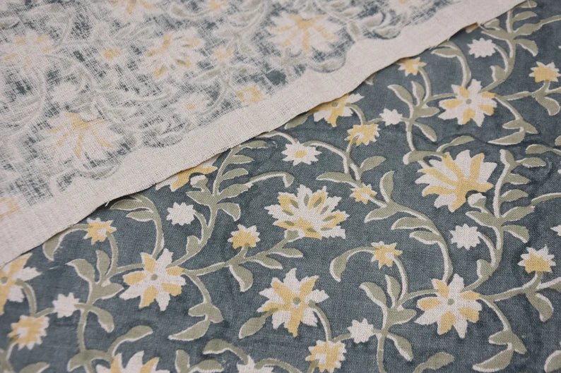 Hand block print, pure linen 58"W fabric for curtains, Pillow covers, linen fabric, table cloth, floral print- ARADHNA