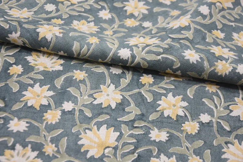 Hand block print, pure linen 58"W fabric for curtains, Pillow covers, linen fabric, table cloth, floral print- ARADHNA